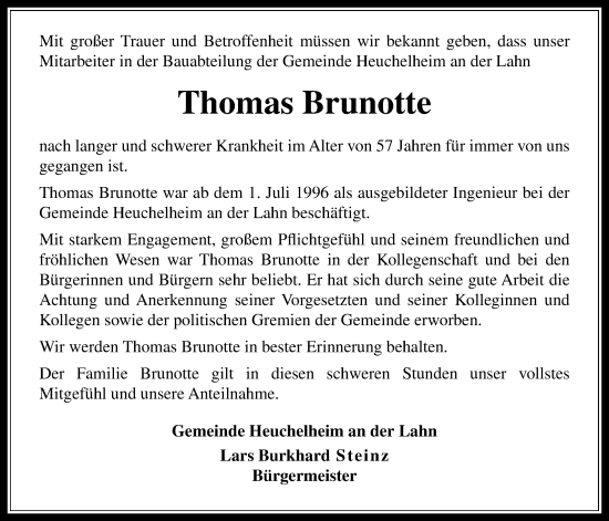 Traueranzeige von Thomas Brunotte von Giessener Allgemeine, Alsfelder Allgemeine, Giessener Anzeiger