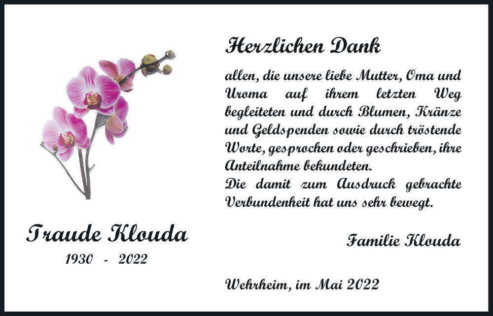  Traueranzeige für Traude Klouda vom 21.05.2022 aus Usinger Anzeiger, 