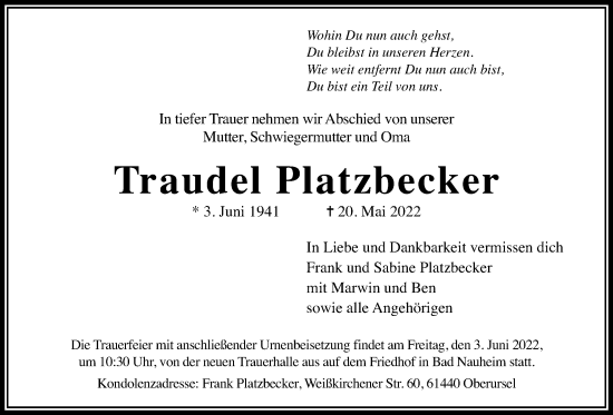 Traueranzeige von Traudel Platzbecker von Wetterauer Zeitung