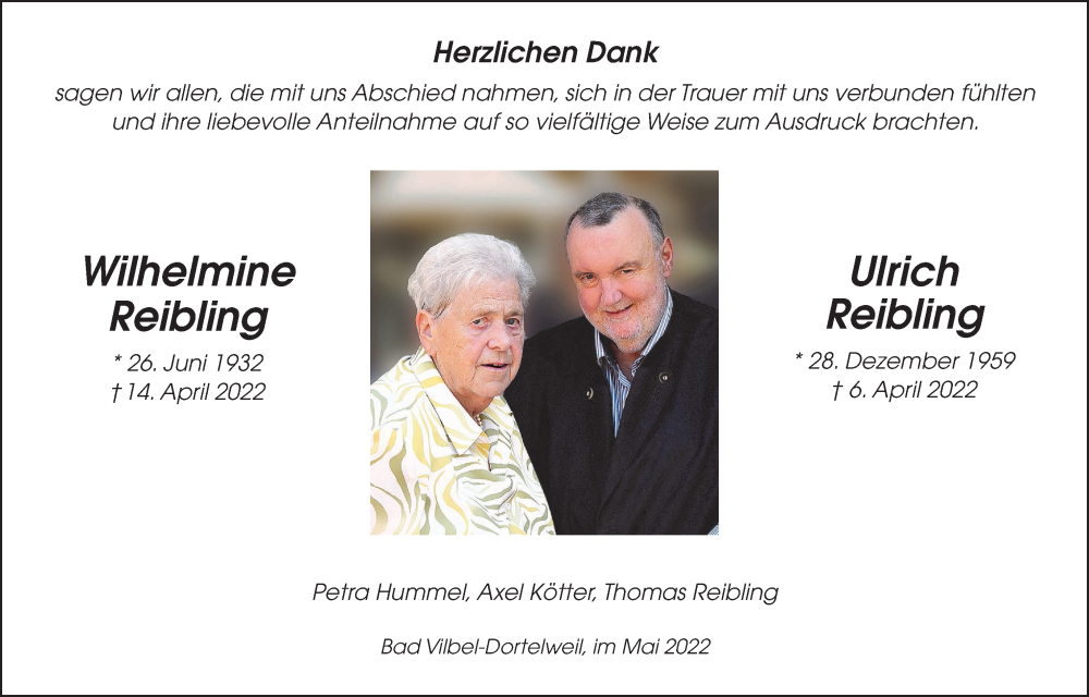  Traueranzeige für Ulrich Reibling vom 27.05.2022 aus Bad Vilbel/Karben