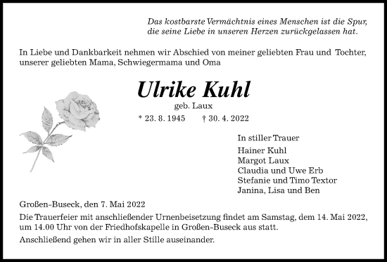 Traueranzeige von Ulrike Kuhl von Giessener Allgemeine, Alsfelder Allgemeine