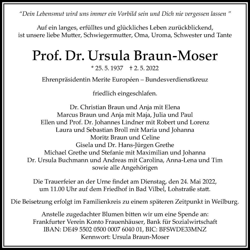  Traueranzeige für Ursula Braun-Moser vom 12.05.2022 aus Bad Vilbel/Karben