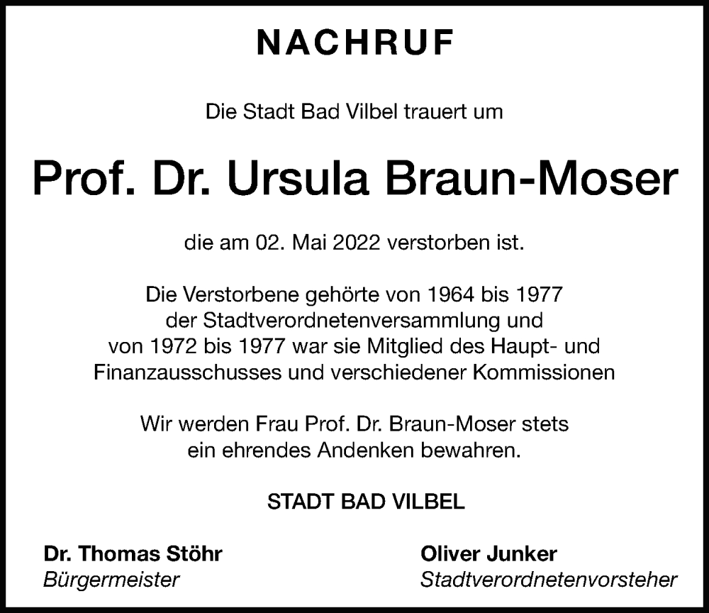  Traueranzeige für Ursula Braun-Moser vom 27.05.2022 aus Bad Vilbel/Karben