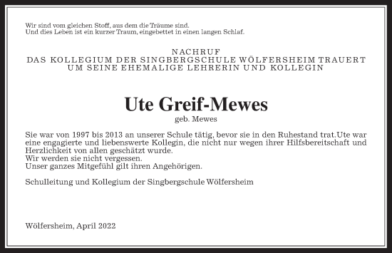 Traueranzeige von Ute Greif-Mewes von Wetterauer Zeitung