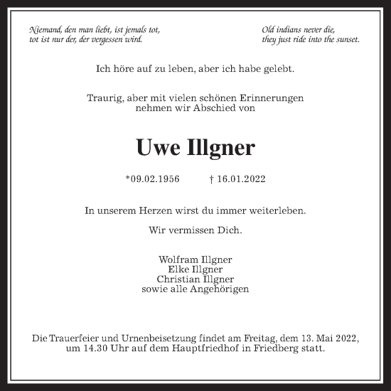 Traueranzeige von Uwe Illgner von Wetterauer Zeitung