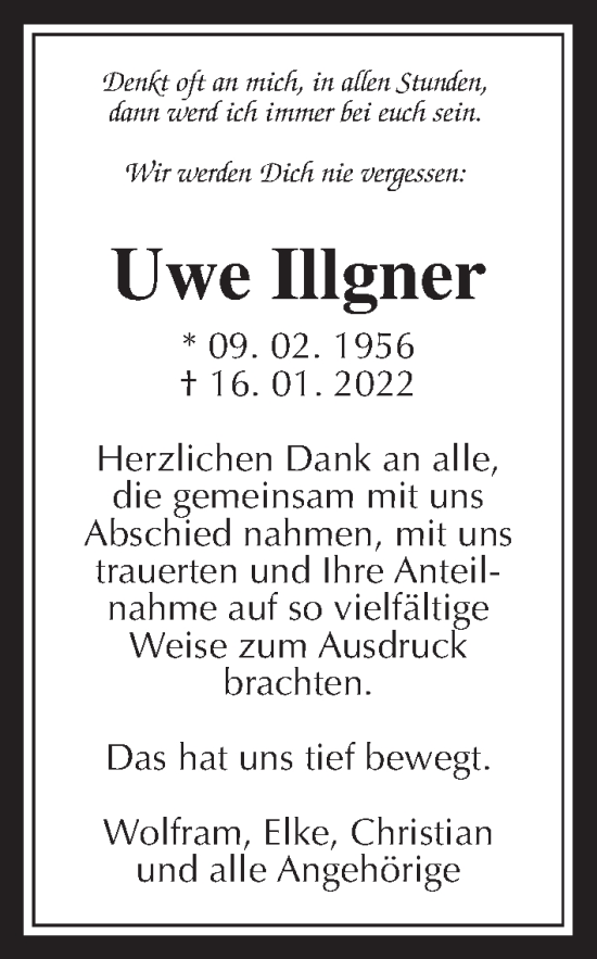 Traueranzeige von Uwe Illgner von Wetterauer Zeitung