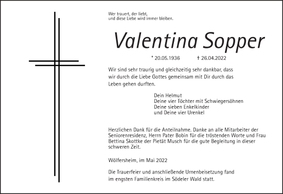 Traueranzeige von Valentina Sopper von Wetterauer Zeitung