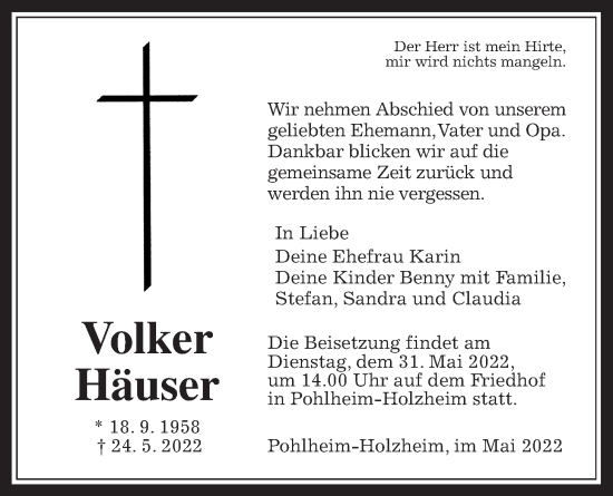 Traueranzeige von Volker Häuser von Giessener Allgemeine, Alsfelder Allgemeine