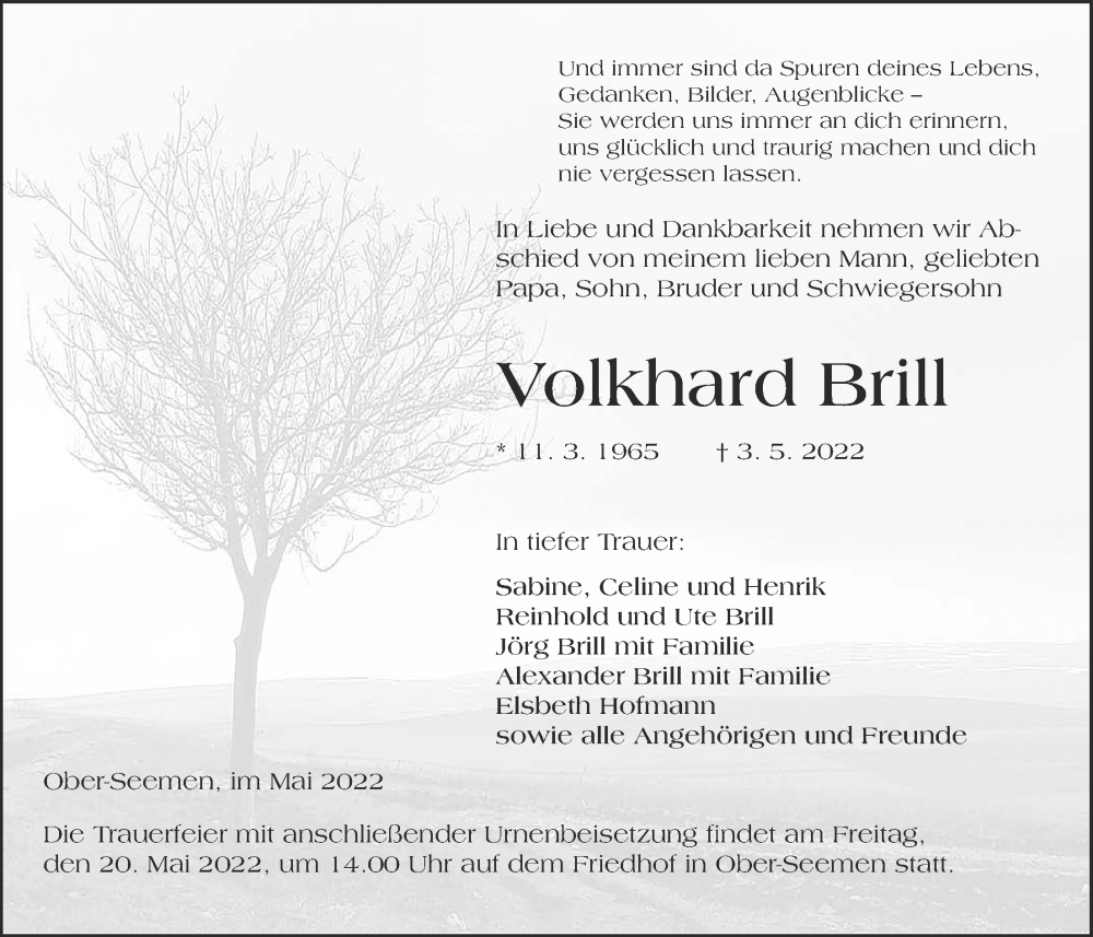  Traueranzeige für Volkhard Brill vom 14.05.2022 aus Kreis-Anzeiger