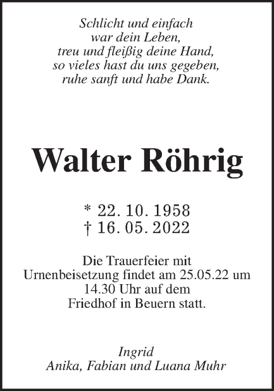 Traueranzeige von Walter Röhrig von Giessener Allgemeine, Alsfelder Allgemeine