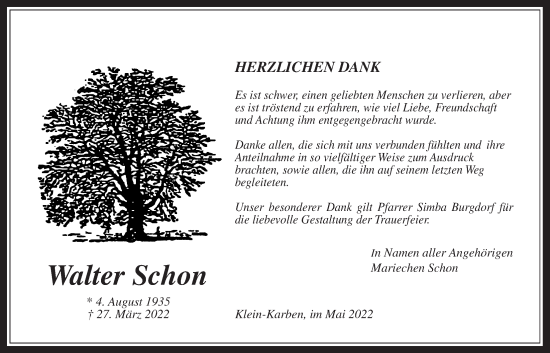 Traueranzeige von Walter Schon von Wetterauer Zeitung