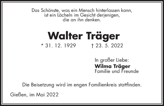 Traueranzeige von Walter Träger von Giessener Allgemeine, Alsfelder Allgemeine