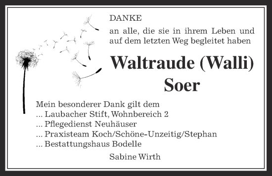 Traueranzeige von Waltraude Soer von Laubacher Anzeiger