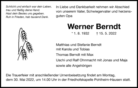 Traueranzeige von Werner Berndt von Licher Wochenblatt