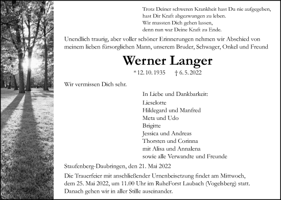 Traueranzeige von Werner Langer von Giessener Anzeiger