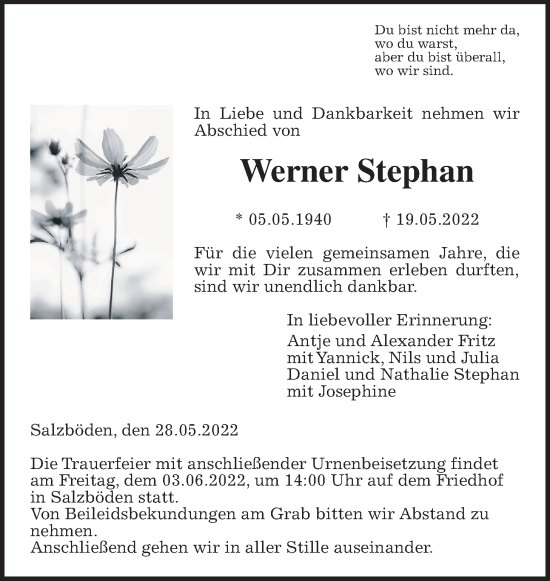 Traueranzeige von Werner Stephan von Giessener Allgemeine, Alsfelder Allgemeine