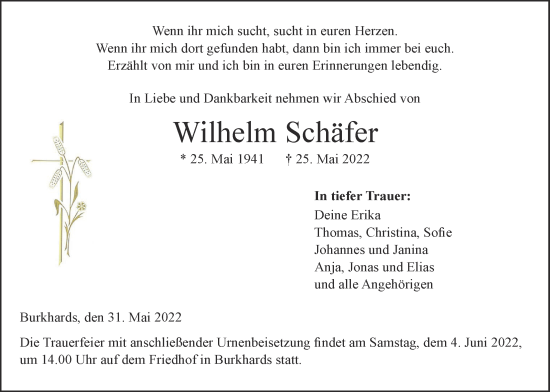 Traueranzeige von Wilhelm Schäfer von Kreis-Anzeiger