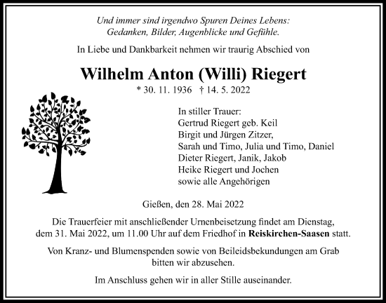 Traueranzeige von Wilhelm Anton Riegert von Giessener Allgemeine, Alsfelder Allgemeine
