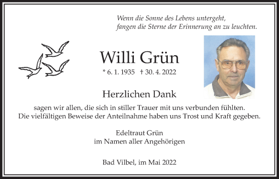 Traueranzeige von Willi Grün von Bad Vilbel/Karben