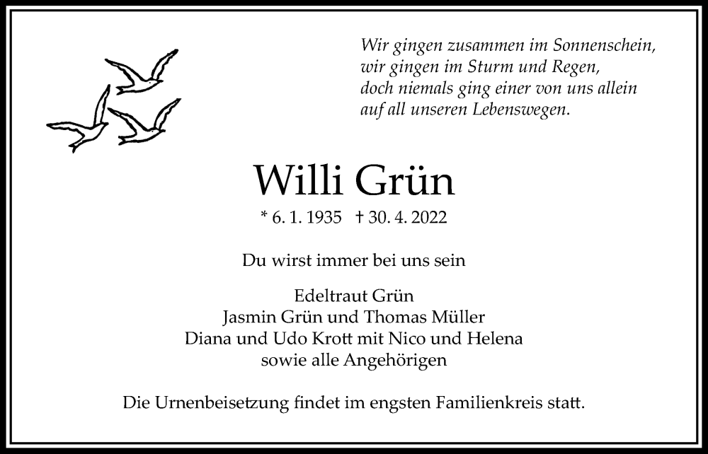  Traueranzeige für Willi Grün vom 05.05.2022 aus Bad Vilbel/Karben