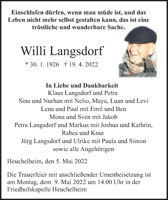 Traueranzeige von Willi Langsdorf von Giessener Anzeiger, Giessener Allgemeine, Alsfelder Allgemeine