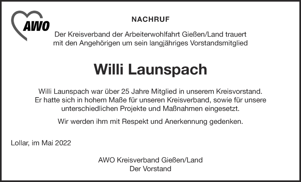  Traueranzeige für Willi Launspach vom 27.05.2022 aus Giessener Allgemeine, Alsfelder Allgemeine, Giessener Anzeiger