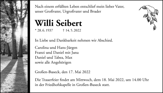Traueranzeige von Willi Seibert von Alsfelder Allgemeine, Giessener Allgemeine