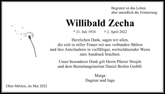 Traueranzeige von Willibald Zecha von Wetterauer Zeitung