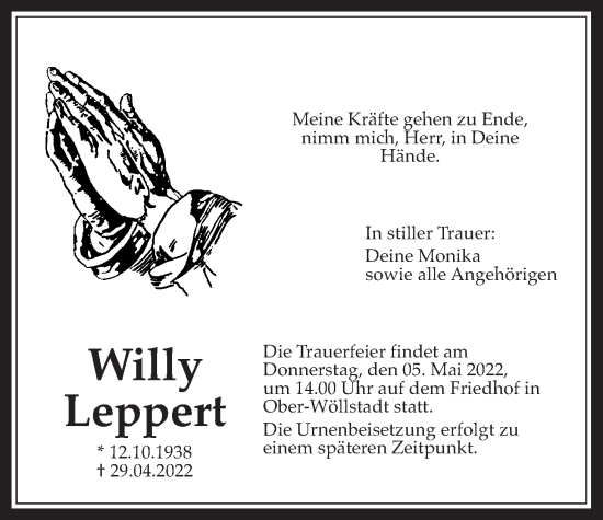 Traueranzeige von Willy Leppert von Wetterauer Zeitung