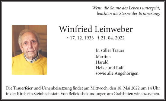 Traueranzeige von Winfried Leinweber von Licher Wochenblatt