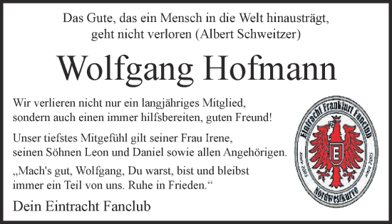 Traueranzeige von Wolfgang Hofmann von Kreis-Anzeiger