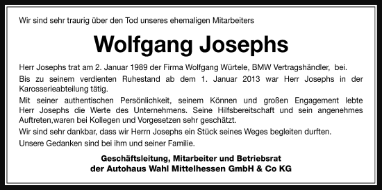 Traueranzeige von Wolfgang Josephs von Giessener Allgemeine, Alsfelder Allgemeine, Giessener Anzeiger