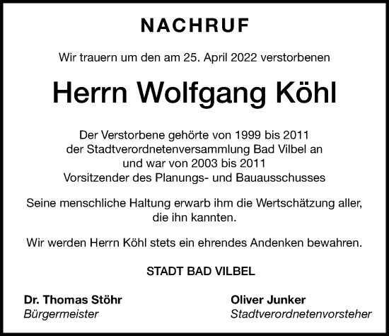 Traueranzeige von Wolfgang Köhl von Bad Vilbel/Karben