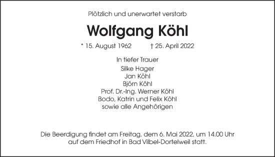 Traueranzeige von Wolfgang Köhl von Bad Vilbel/Karben