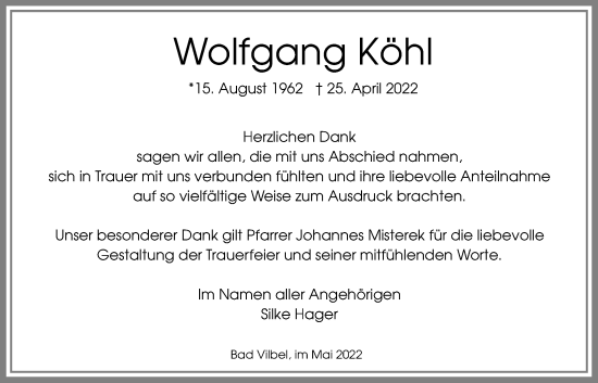 Traueranzeige von Wolfgang Köhl von Bad Vilbel/Karben