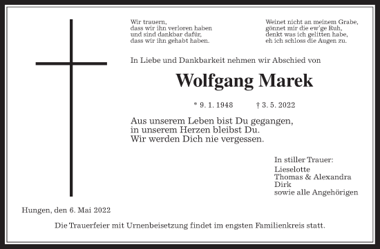 Traueranzeige von Wolfgang Marek von Giessener Allgemeine, Alsfelder Allgemeine