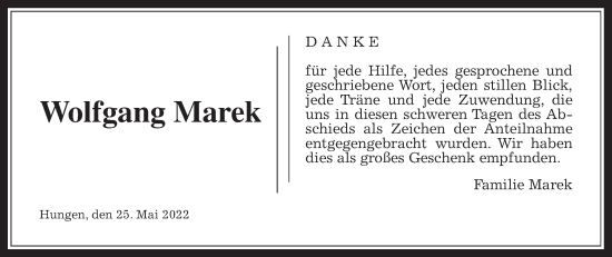 Traueranzeige von Wolfgang Marek von Licher Wochenblatt