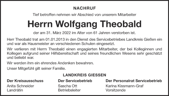 Traueranzeige von Wolfgang Theobald von Giessener Anzeiger, Giessener Allgemeine, Alsfelder Allgemeine
