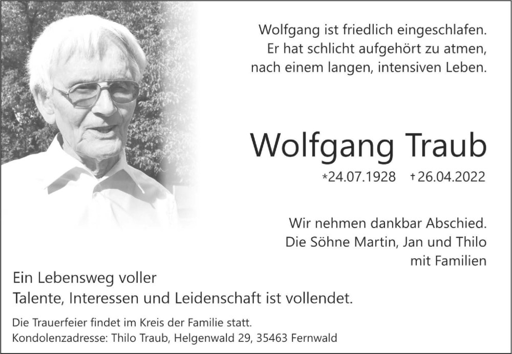  Traueranzeige für Wolfgang Traub vom 14.05.2022 aus Giessener Anzeiger, Giessener Allgemeine, Alsfelder Allgemeine
