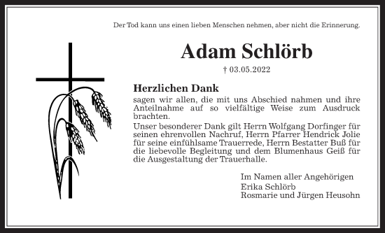 Traueranzeige von Adam Schlörb von Kreis-Anzeiger
