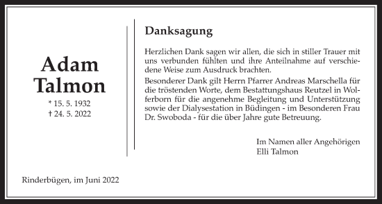 Traueranzeige von Adam Talmon von Kreis-Anzeiger