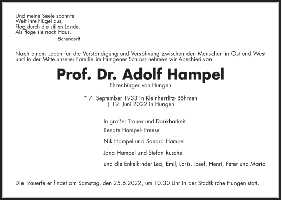 Traueranzeige von Adolf Hampel von Giessener Allgemeine, Alsfelder Allgemeine