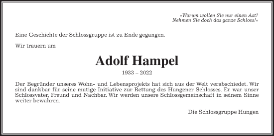 Traueranzeige von Adolf Hampel von Giessener Anzeiger, Giessener Allgemeine, Alsfelder Allgemeine