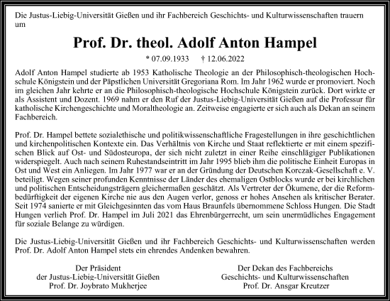 Traueranzeige von Adolf Anton Hampel von Giessener Anzeiger, Giessener Allgemeine, Alsfelder Allgemeine