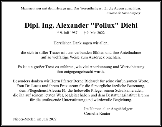 Traueranzeige von Alexander Diehl von Wetterauer Zeitung
