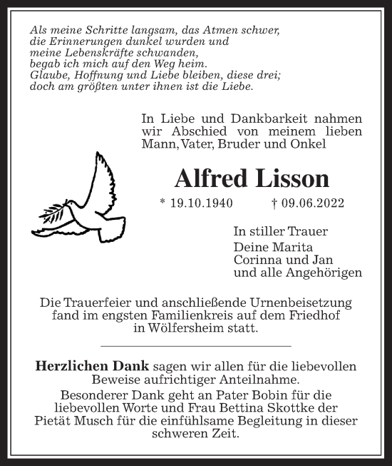 Traueranzeige von Alfred Lisson von Wetterauer Zeitung