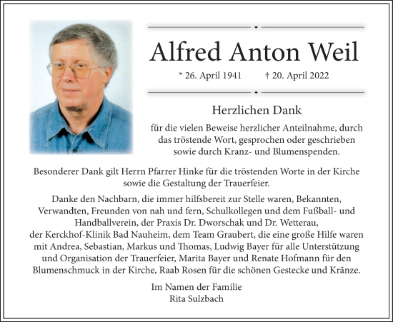 Traueranzeige von Alfred Anton Weil von Wetterauer Zeitung