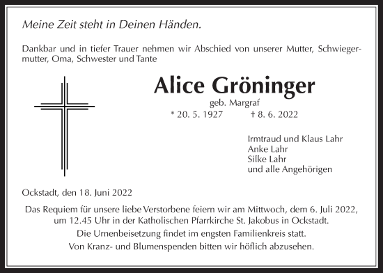 Traueranzeige von Alice Gröninger von Wetterauer Zeitung