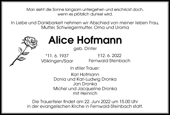 Traueranzeige von Alice Hofmann von Giessener Allgemeine, Alsfelder Allgemeine