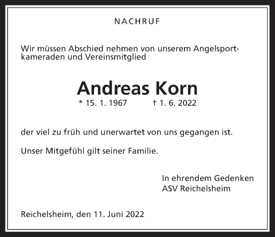 Traueranzeige von Andreas Korn von Wetterauer Zeitung